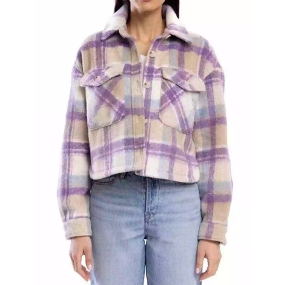 Blank NYC Plaid Cropped Shacket Jacket Coat Relaxed Neutral Fleece Revolve M